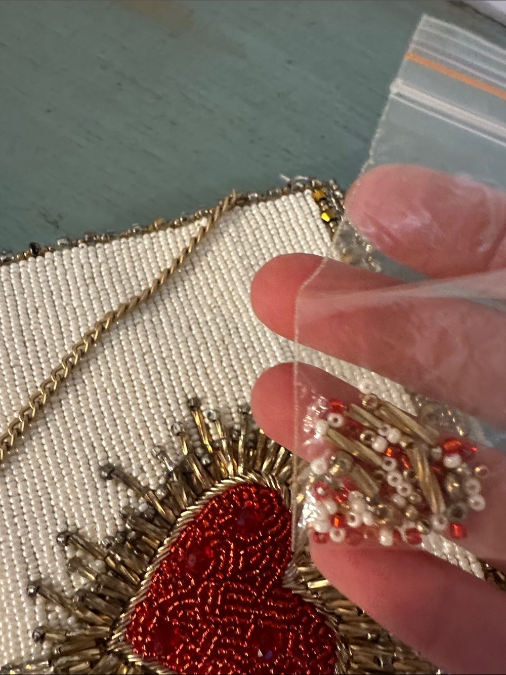 Mary Frances White Beaded Crossbody with Red Heart and Gold Accents - Picture 5 of 7